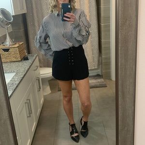 Saks poly blouse black and white stripes w/ruffle med